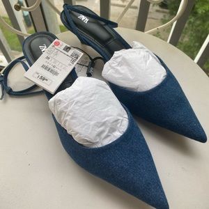 Zara Tile Blue Denim Kitten Heels Ankle Strap 🥿